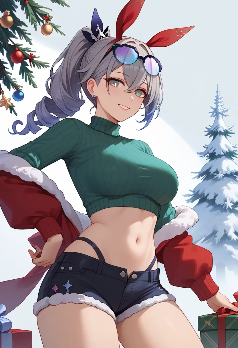 star rail,silver wolf,Christmas,red velvet shorts,turtleneck sweater  - 